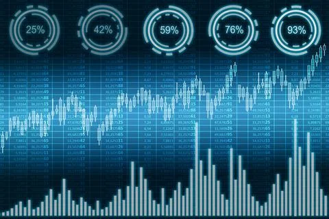 Glowing virtual screen with spreadsheet, stock data and percentage charts. Stock Photos
