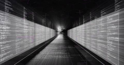 Glowing virtual tunnel showing streaming code panels on walls, floor with Illustration