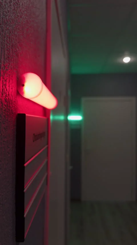 Glowing wall light beside blurred room sign in modern hallway with red and green Stock Footage 346558782