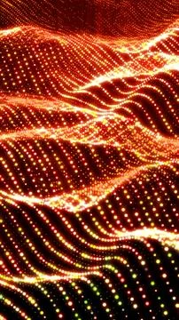 Glowing wave pattern of orange and yellow particles forming abstract digital  Illustrazione stock