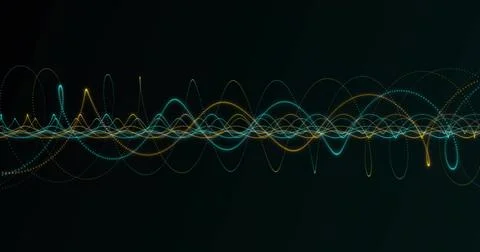 Glowing waveform band moving across dark gradient background, showing cyan an Stock Illustration