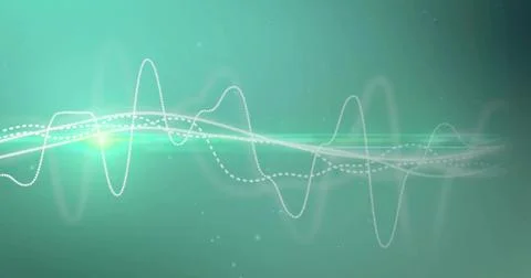 Glowing waveform moving across teal band with solid,dotted,dashed lines, flare, イラスト素材