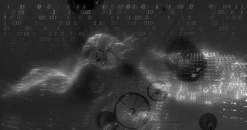 Glowing waveform streaming across interface, linking binary digits and network Video stock 327643649