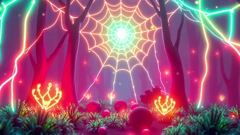 Glowing Web Forest: Halloween Night with Neon &amp; Glowing Elements Video stock 330320094