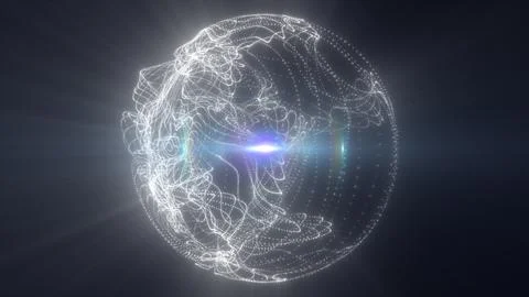 Glowing white abstract sphere built from particles, dotted lines, and flowi.. Stockillustratie