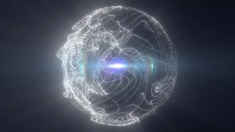 Glowing white abstract sphere built from particles, dotted lines, and flowi.. Stock Illustration