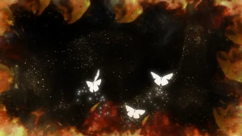 Glowing white butterflies fluttering through a fiery dark cosmic void background 動画素材 338382293
