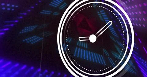 Glowing white circular analog clock graphic hovering on stage with LED matrices, Stock Illustration