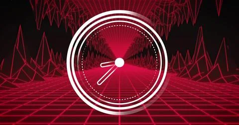 Glowing white clock icon anchoring virtual tunnel, with neon red grid and Stock Illustration