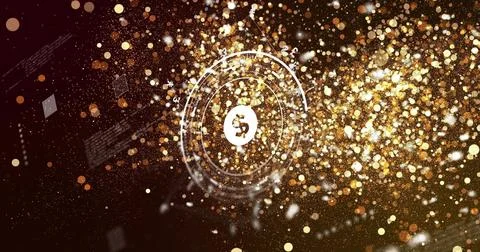 Glowing white dollar token spinning within concentric rings in data map, with Stock Illustration