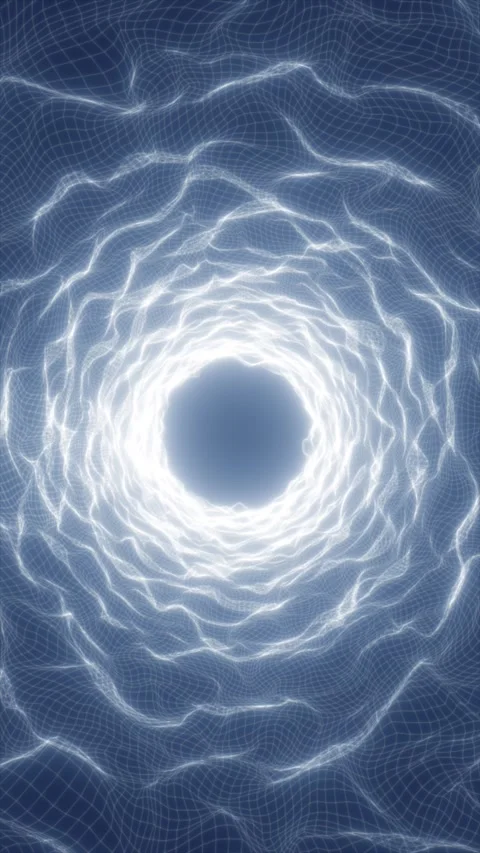Glowing white energy vortex in blue wireframe grid, abstract digital tunnel.. Stock Footage 328591430