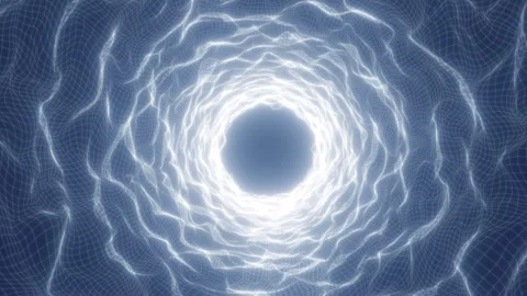 Glowing white energy vortex in blue wireframe grid, abstract digital tunnel.. Stock Footage 329665613