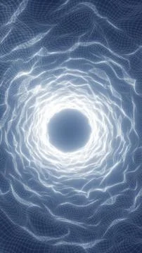 Glowing white energy vortex in blue wireframe grid, abstract digital tunnel.. Illustrazione stock