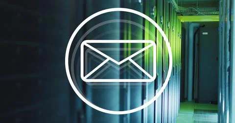 Glowing white envelope icon hovering above data center server aisle, showing Stock Photos