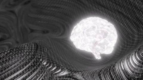 Glowing white human brain above abstract digital mesh background. Artificial Stock Footage 311006445
