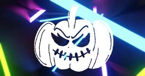 Glowing white jack-o'-lantern in dark background, with neon tubes in blue Stock Photos