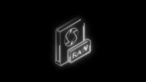 Glowing white neon camera aperture icon with R A W text label isolated on b.. Stock Footage 314704325