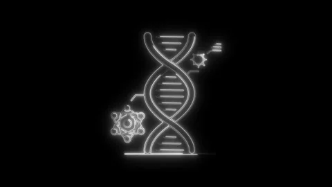 Glowing white neon D N A helix molecule structure with atomic particles and.. Video stock 314710314