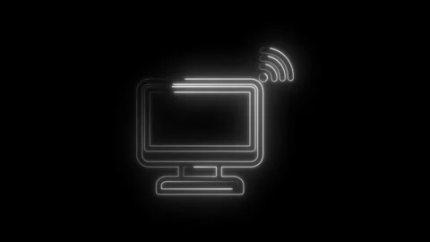 Glowing white neon outline of a computer monitor with wifi signal radiating Stock Footage 333958109