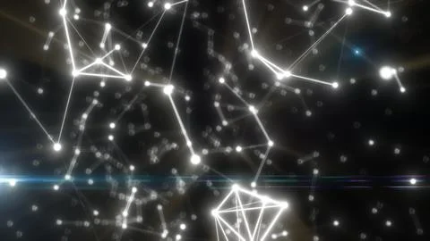 Glowing white network of digital lines and nodes over a dark background with  Stock Illustration