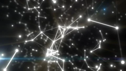 Glowing white network of digital lines and nodes over a dark background wit.. Fotos Stock