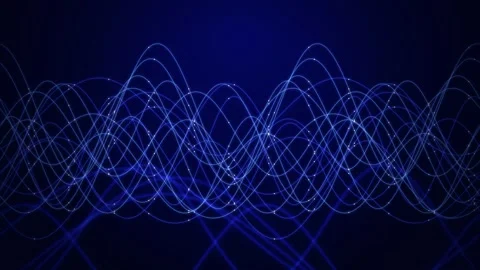 Glowing white nodes flow along overlapping sound wave lines Stock Footage 342215787