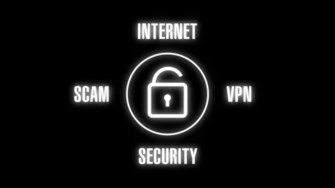 Glowing white padlock icon with internet, scam, vpn and security text on a .. 動画素材 340999516