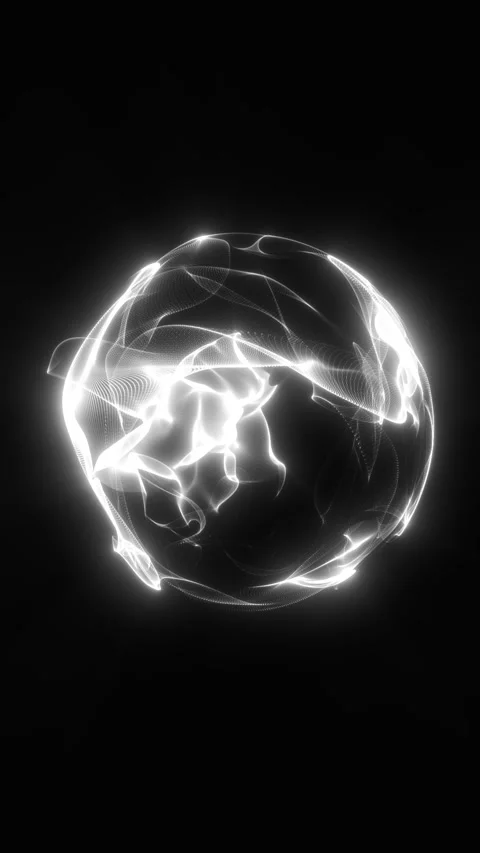 Glowing white particle mesh forms a translucent sphere with flowing, ribbon.. Stock Footage 344951245