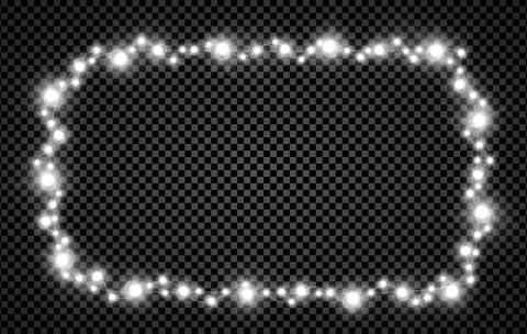 Glowing white rectangle Christmas tree garland frame isolated on transparent bg. Stockillustratie