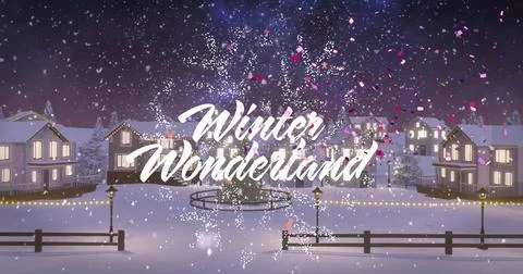 Glowing white script text spanning snowy village plaza at night, with lit houses Stock-Illustration