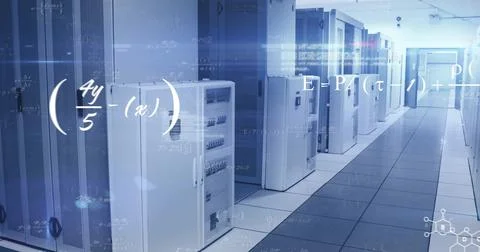 Glowing white server cabinets lining data center corridor, with LED lights and Stock Photos