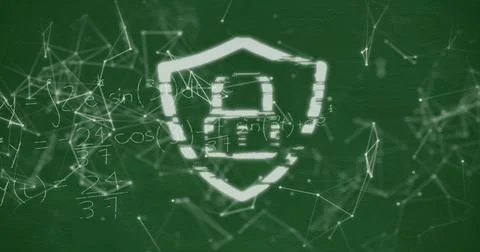 Glowing white shield with padlock hovering on green board, showing network nodes Stock Photos