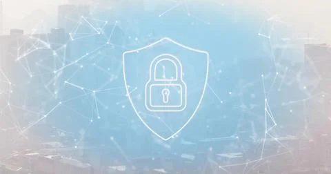 Glowing white shield with padlock hovering above muted skyline, with network 스톡 사진