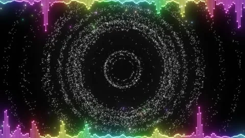 Glowing white spiral patterns on black background with colorful sound wave lines Video stock 337603208