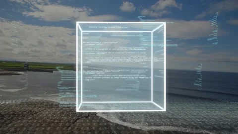 Glowing white wireframe cube fading in and rotating over coast, scrolling panels Stock Footage 334884180