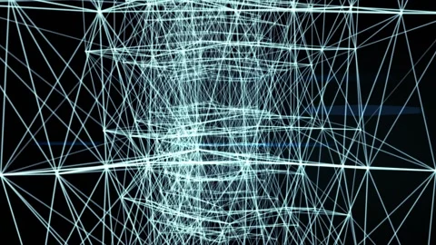 Glowing white wireframe network forms a complex digital structure, creating a Stock Footage 332803936