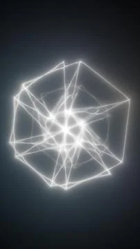 Glowing white wireframe polyhedron with light trails on dark gradient, abstra Stock Illustration