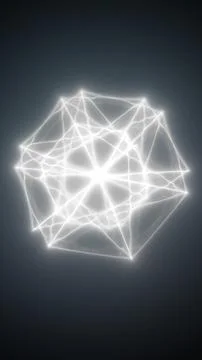 Glowing white wireframe polyhedron with light trails on dark gradient, abst.. 스톡 일러스트
