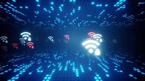Glowing wifi icons representing secure and insecure networks floating inside a Ilustración de archivo