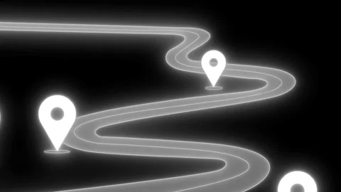 Glowing winding path with map pin markers neon-like route and pointers anim.. Stock Footage 334764155