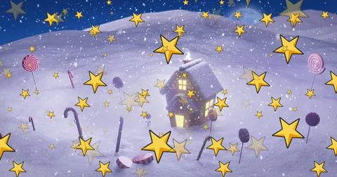 Glowing windows lighting gingerbread house sitting on snowy hill, with candy Stock Illustration