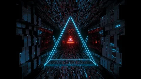 Glowing wire-frame triangle with technical reflective tunnel corridor 3d Stock Footage 122104996