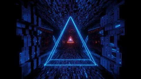 Glowing wire-frame triangle with technical reflective tunnel corridor 3d 스톡 일러스트