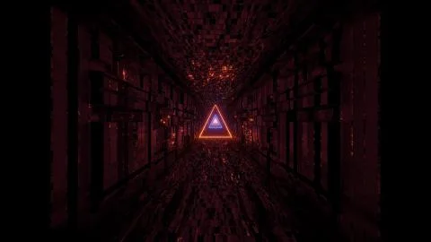 Glowing wire-frame triangle with technical reflective tunnel corridor 3d Stock-Illustration