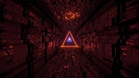 Glowing wire-frame triangle with technical reflective tunnel corridor 3d Stock-Illustration