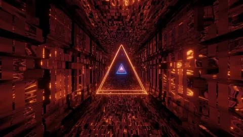 Glowing wire-frame triangle with technical reflective tunnel corridor 3d Stock-Illustration
