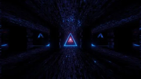 Glowing wire-frame triangle with technical reflective tunnel corridor 3d Stock Illustration