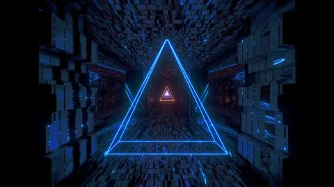 Glowing wire-frame triangle with technical reflective tunnel corridor 3d Illustrazione stock
