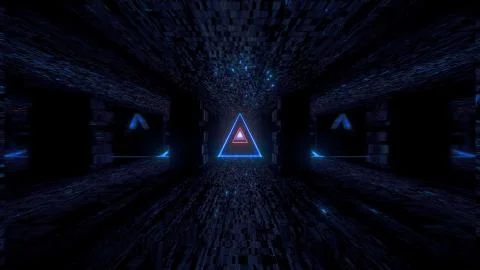 Glowing wire-frame triangle with technical reflective tunnel corridor 3d Stock-Illustration