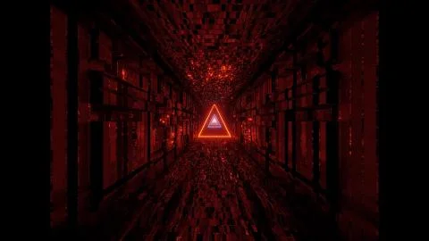 Glowing wire-frame triangle with technical reflective tunnel corridor 3d Stock Illustration